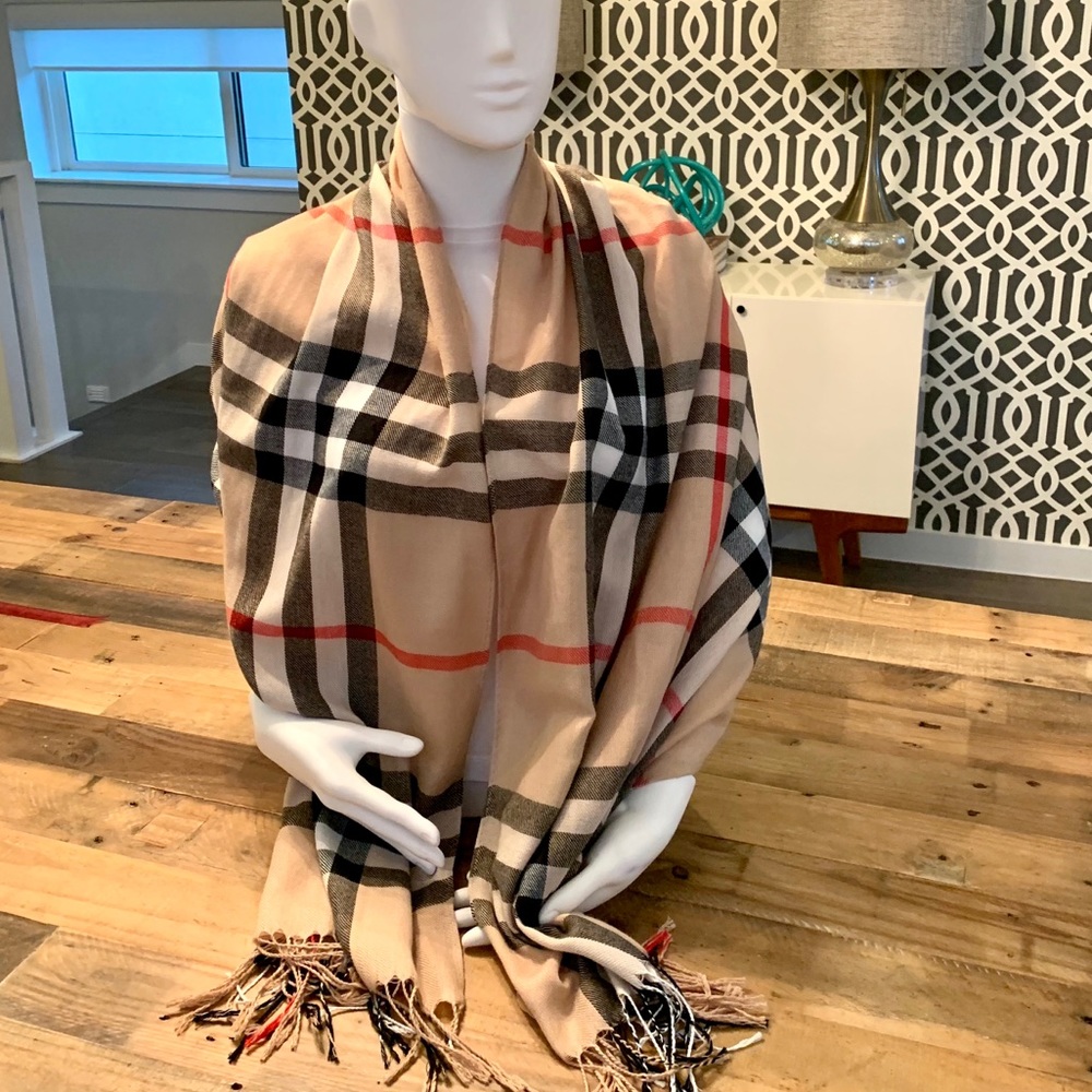Tan Plaid Scarf with Fringe